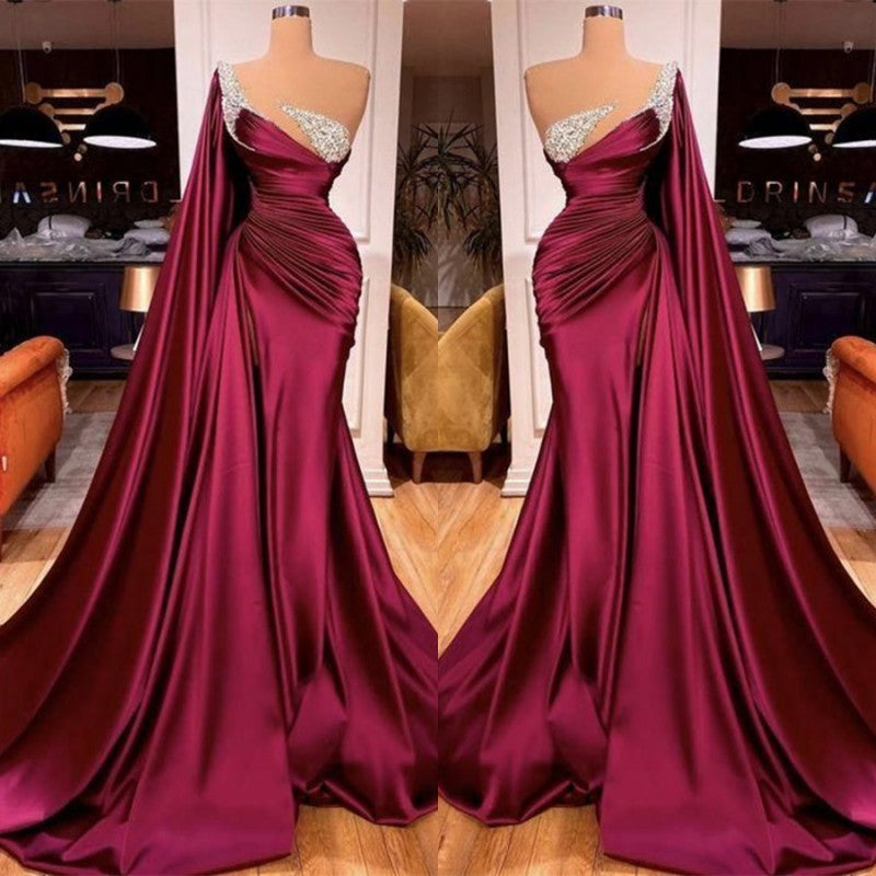 Glamorous One Shoulder Burgundy Ruffles Sheath Prom Dress-BallBride