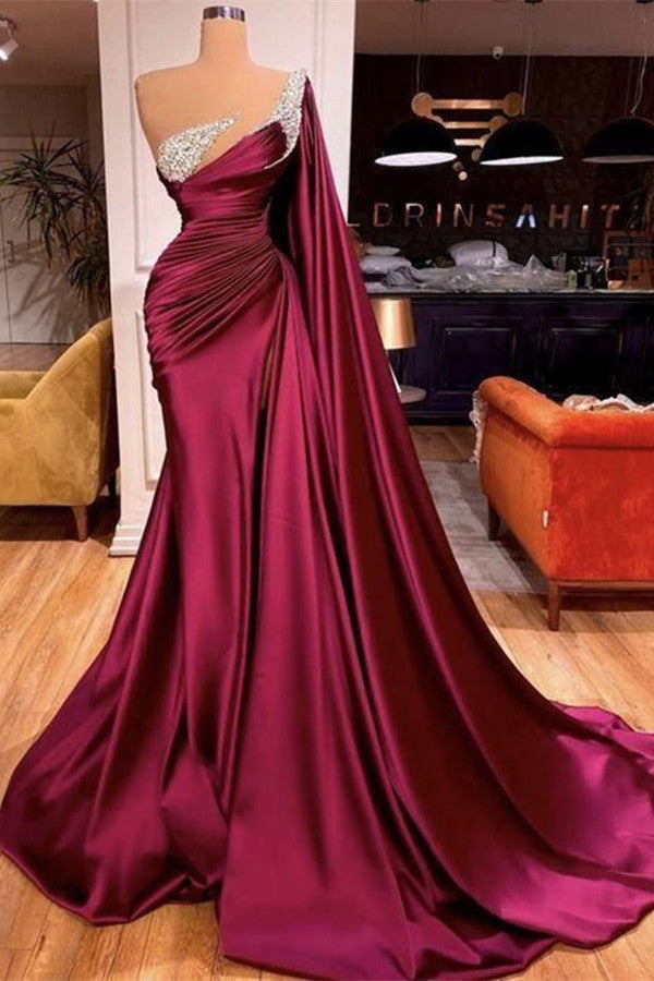 Glamorous One Shoulder Burgundy Ruffles Sheath Prom Dress-BallBride