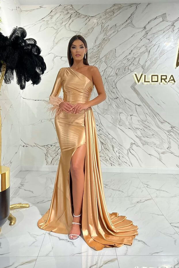 Glamorous One Shoulder Evening Dress with Long Sleeves, Mermaid Slit and Ruffle-BallBride