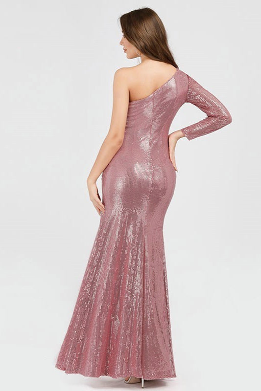 Glamorous One-Shoulder Long Sleeve Prom Dress with Sequins and Split Mermaid Evening Gown-BallBride