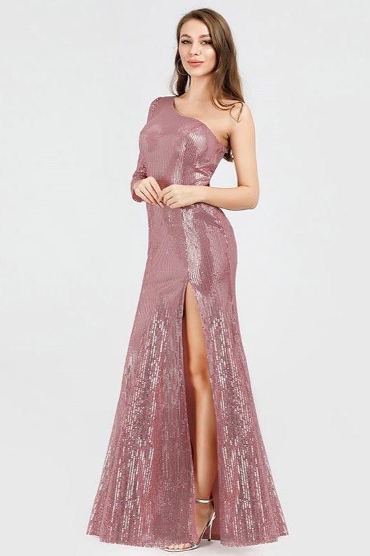 Glamorous One-Shoulder Long Sleeve Prom Dress with Sequins and Split Mermaid Evening Gown-BallBride