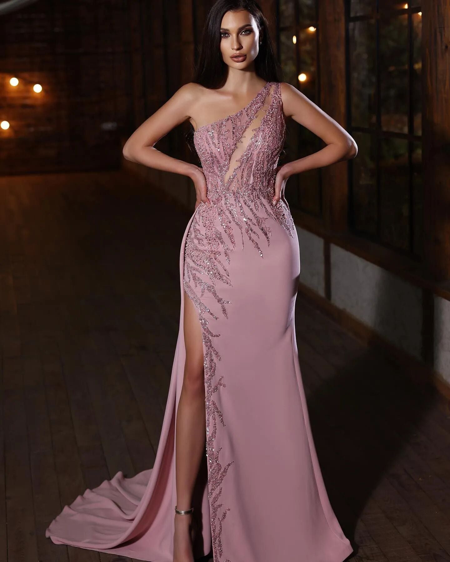 Glamorous One Shoulder Mermaid Dress with Beads & Sequins-BallBride