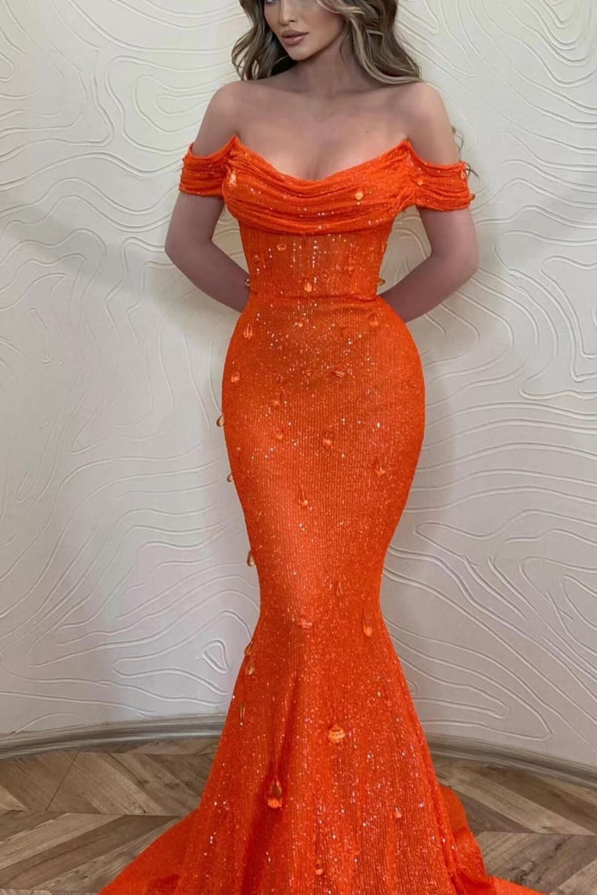 Glamorous Orange Long Mermaid Off The Shoulder Sequins Prom Dress-BallBride