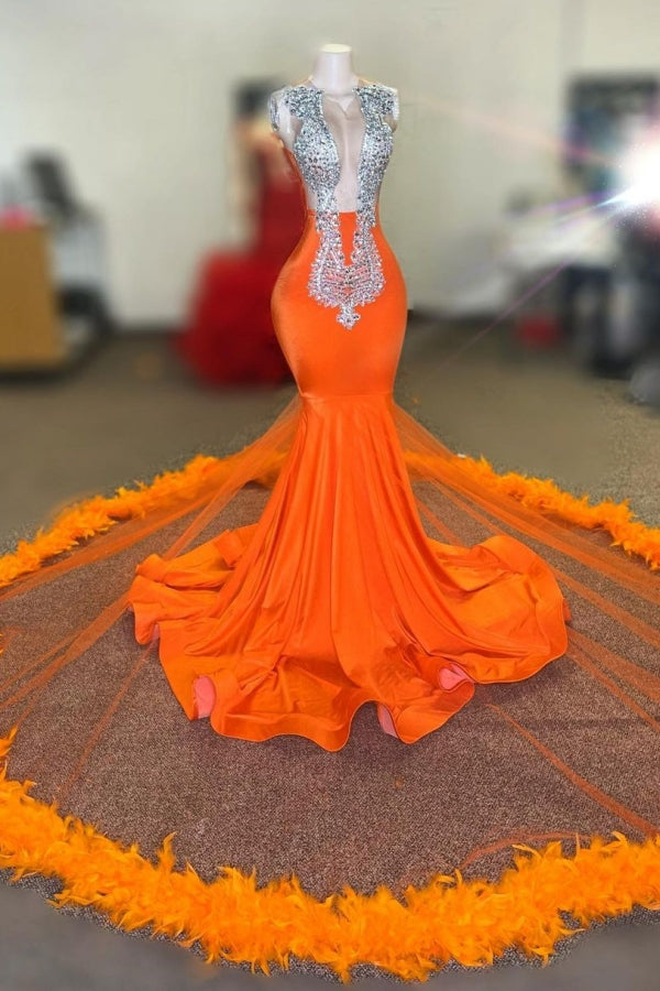 Glamorous Orange Mermaid Evening Dress with Feather and Crystal Embellishment-BallBride