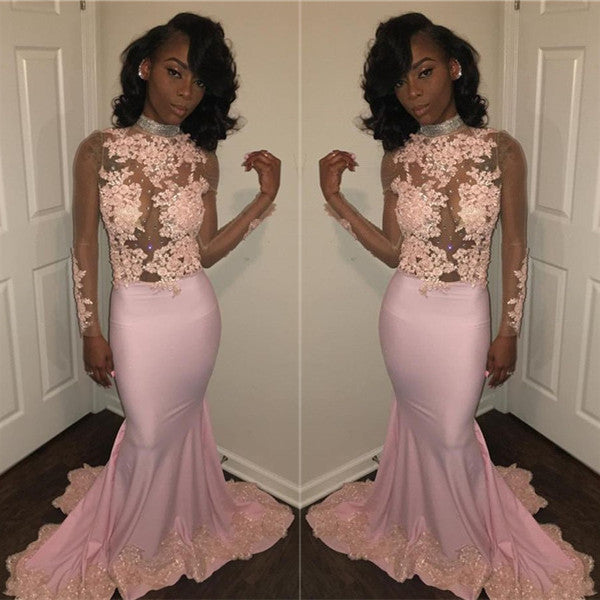 Glamorous Pink High Neck Long Sleeve Appliques Prom Dress-BallBride