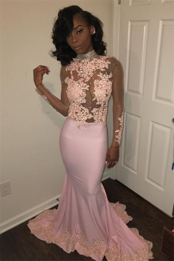 Glamorous Pink High Neck Long Sleeve Appliques Prom Dress-BallBride