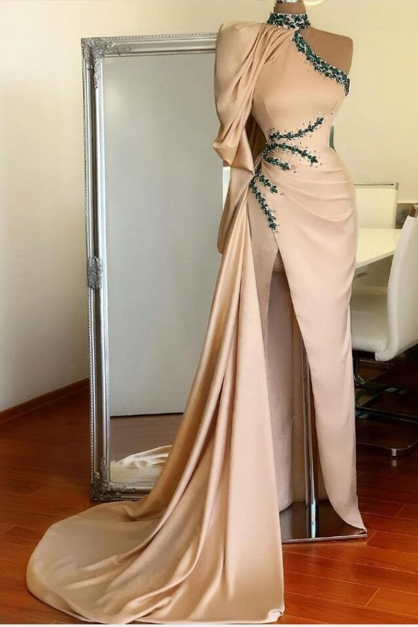 Glamorous Pink High Neck Ruffles Crystal Side Slit Prom Dress-BallBride