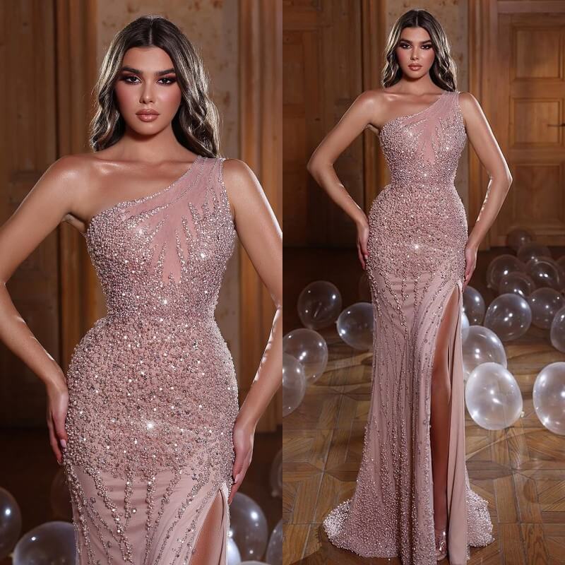 Glamorous Pink Mermaid Evening Dress with One Shoulder & Long Beadings & Split-BallBride