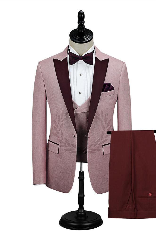 Glamorous Pink One Button Wedding Suit For Men With Burgundy Peak Lapel-BallBride