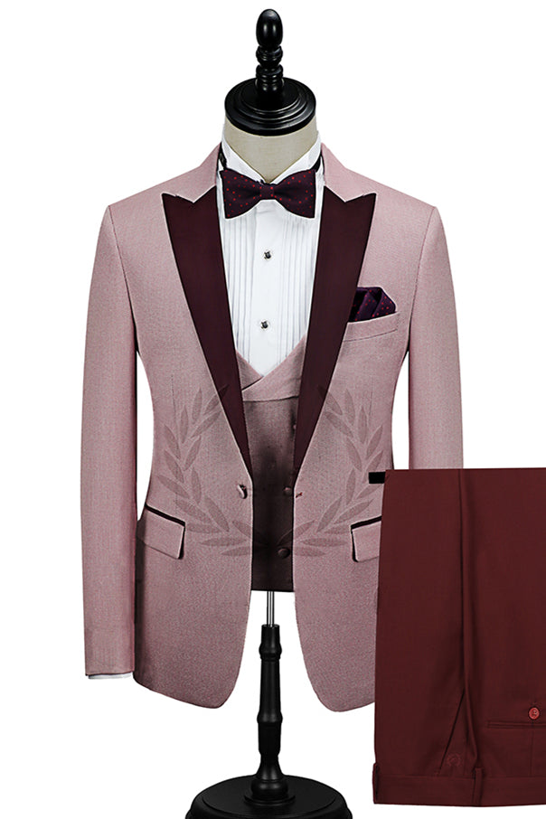 Glamorous Pink One Button Wedding Suit For Men With Burgundy Peak Lapel-BallBride
