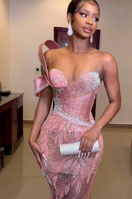 Glamorous Pink One Shoulder Beadings Sweetheart Prom Dress-BallBride