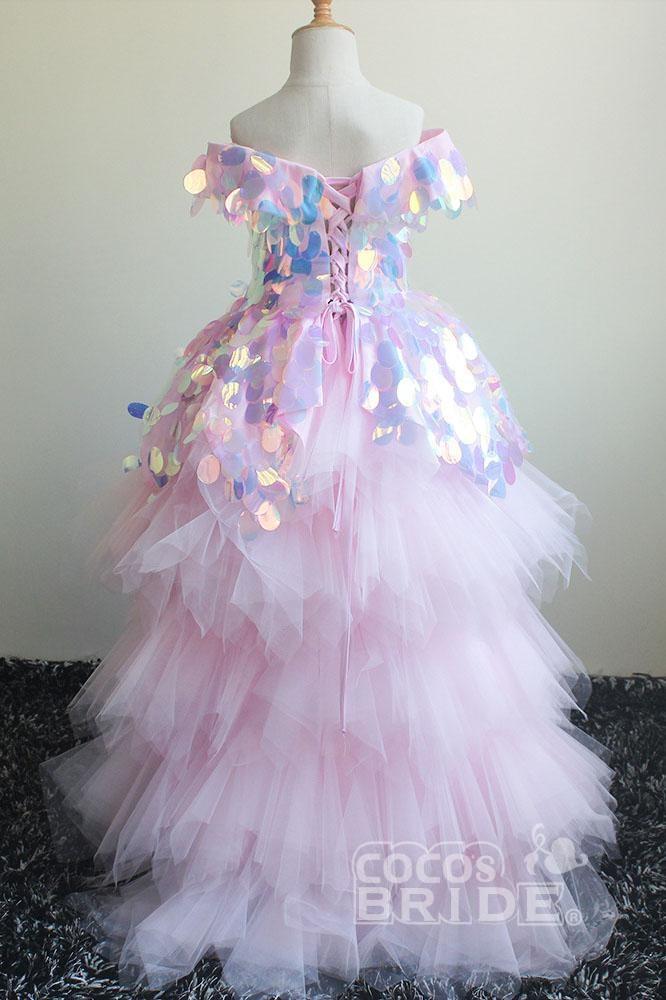 Glamorous Pink Sequined Off-the-shoulder Dress-BallBride