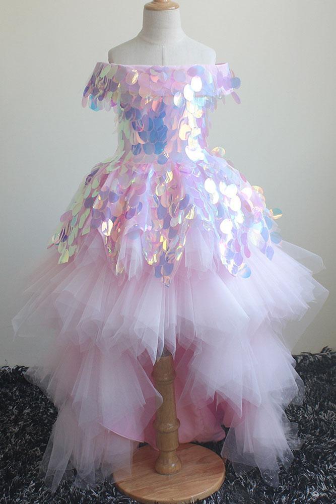 Glamorous Pink Sequined Off-the-shoulder Dress-BallBride