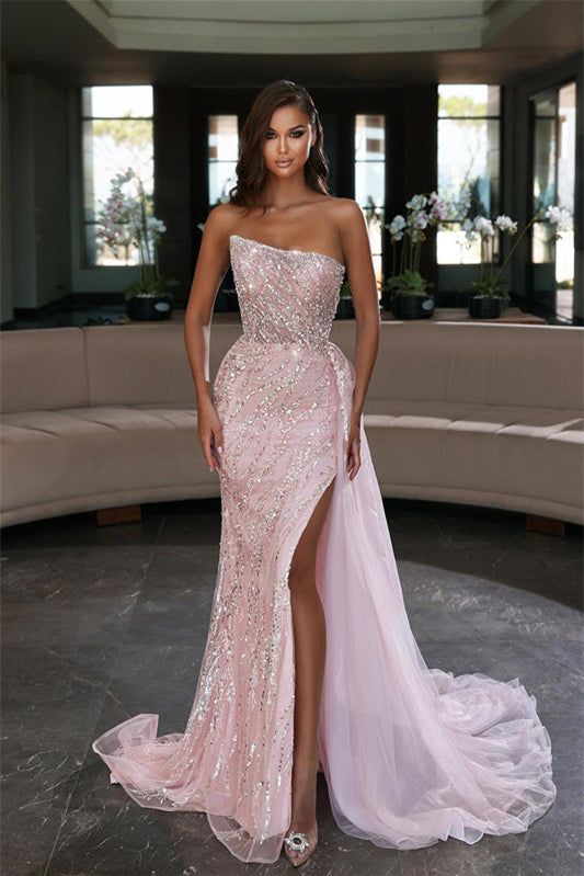 Glamorous Pink Strapless Mermaid Evening Dress With Beadings and Ruffles Slit-BallBride