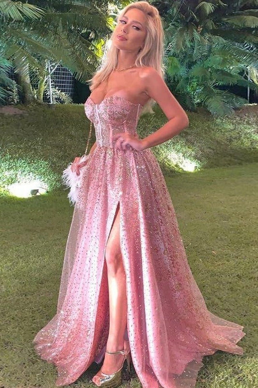 Glamorous Pink Sweetheart Tulle Side Slit Sexy Prom Dress-BallBride
