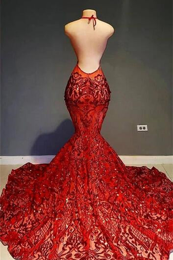 Glamorous Red Halter Sequins Lace Mermaid Prom Dress-BallBride