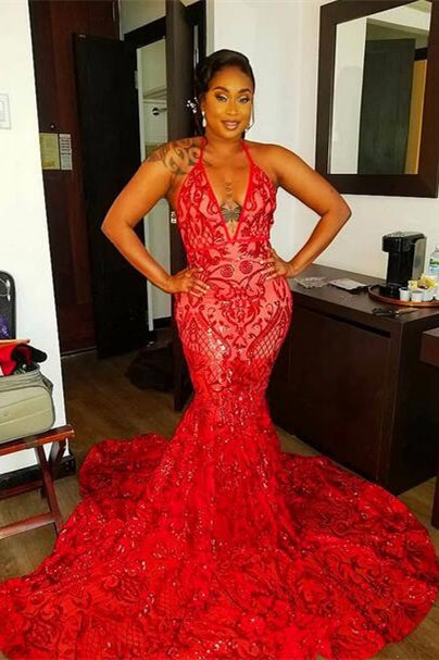 Glamorous Red Halter Sequins Lace Mermaid Prom Dress-BallBride