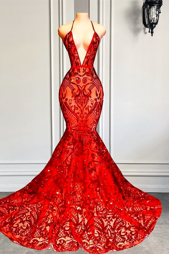 Glamorous Red Halter Sequins Lace Mermaid Prom Dress-BallBride