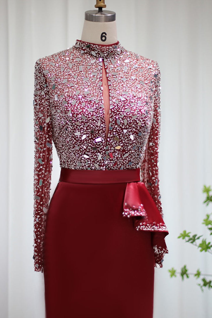 Glamorous Red Jewel Neck Mermaid Prom Dress with Sparkle Sequins and Long Sleeves-BallBride