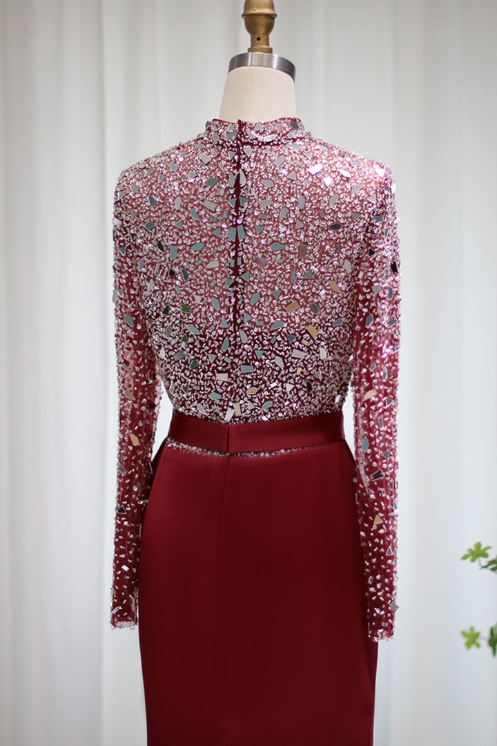 Glamorous Red Jewel Neck Mermaid Prom Dress with Sparkle Sequins and Long Sleeves-BallBride