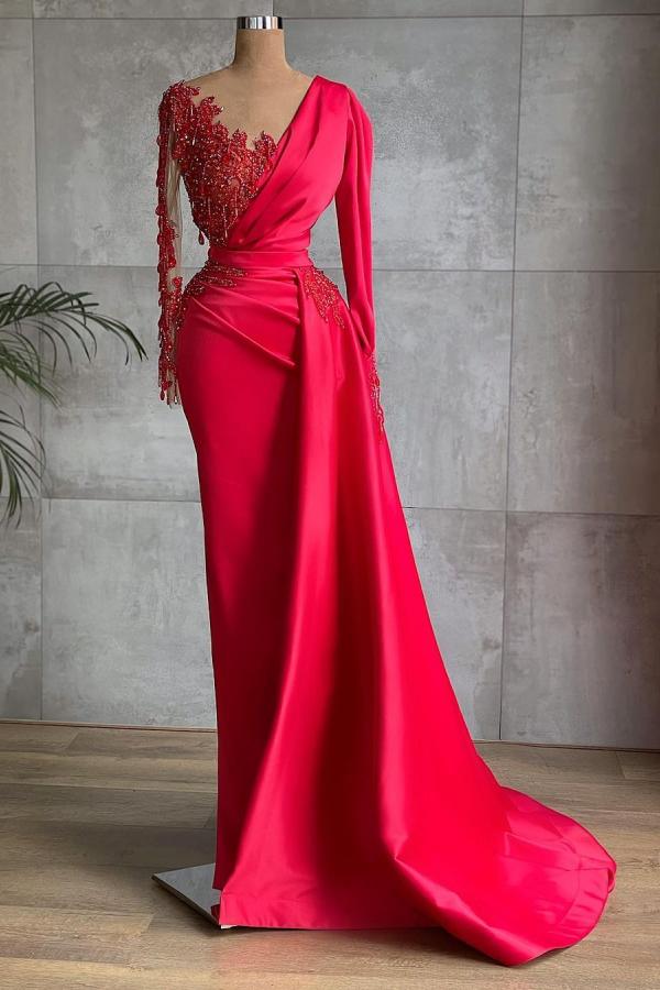 Glamorous Red Long Sleeve Sheath Beads Appliques Prom Dress-BallBride