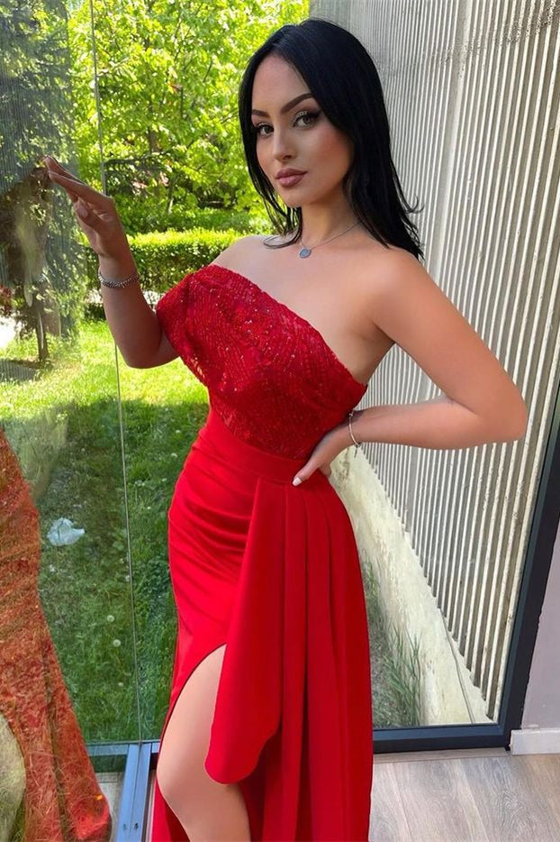 Glamorous Red Mermaid Evening Dress with One Shoulder Slit and Ruffle-BallBride