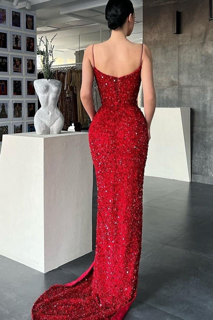 Glamorous Red Mermaid Evening Dress with Split Spaghetti-Straps and Sequins-BallBride