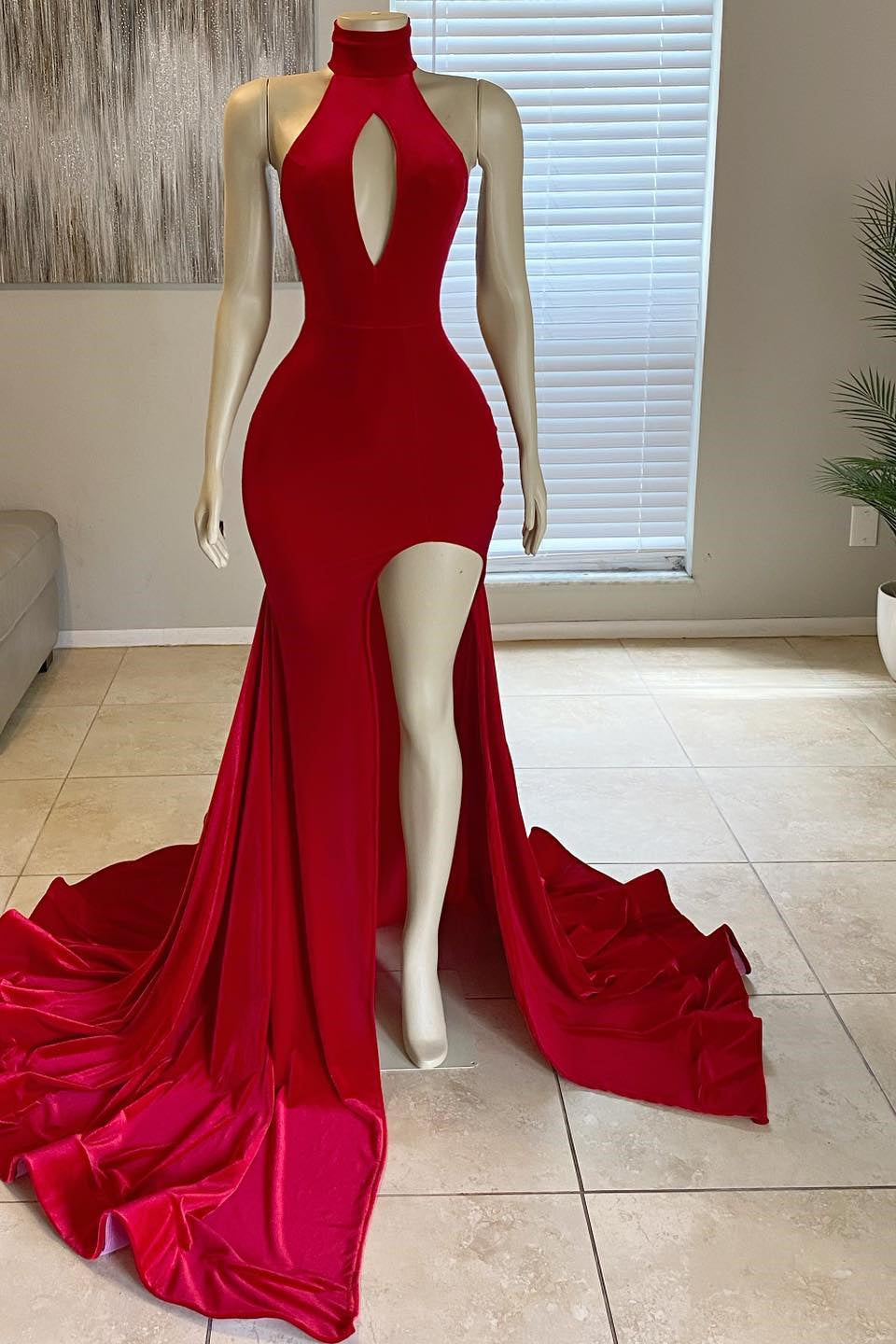Glamorous Red Mermaid Prom Dress with High Neck and Long Split-BallBride