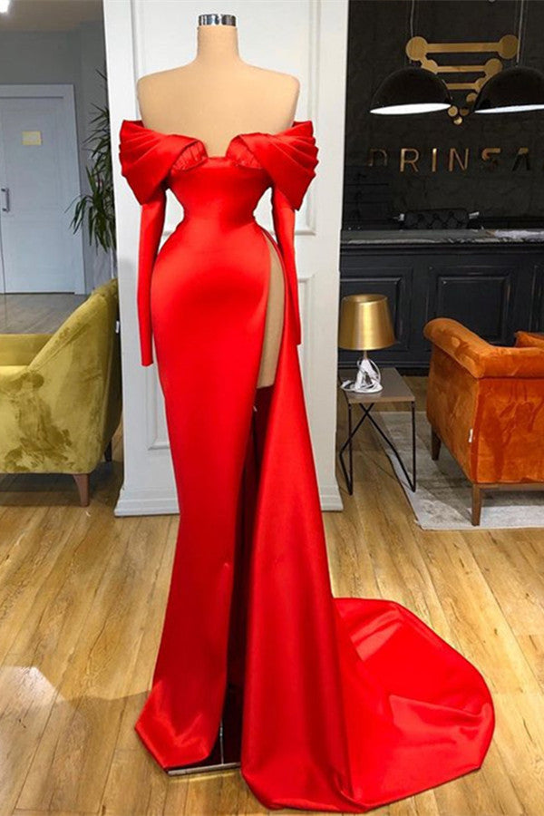 Glamorous Red Mermaid Prom Dress with Off-The-Shoulder Long Sleeves-BallBride