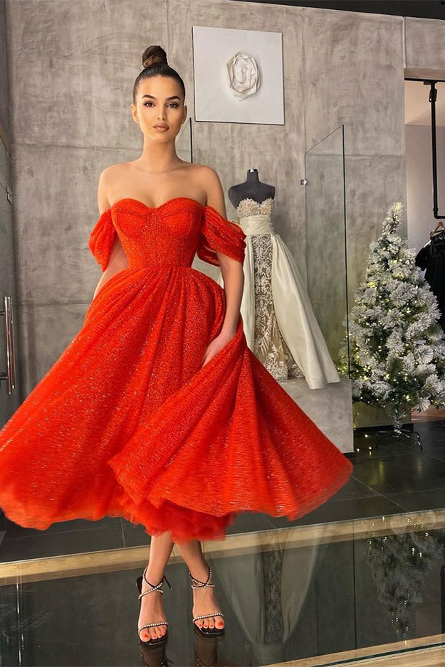 Glamorous Red Off-the-Shoulder Prom Dress With Sequins-BallBride