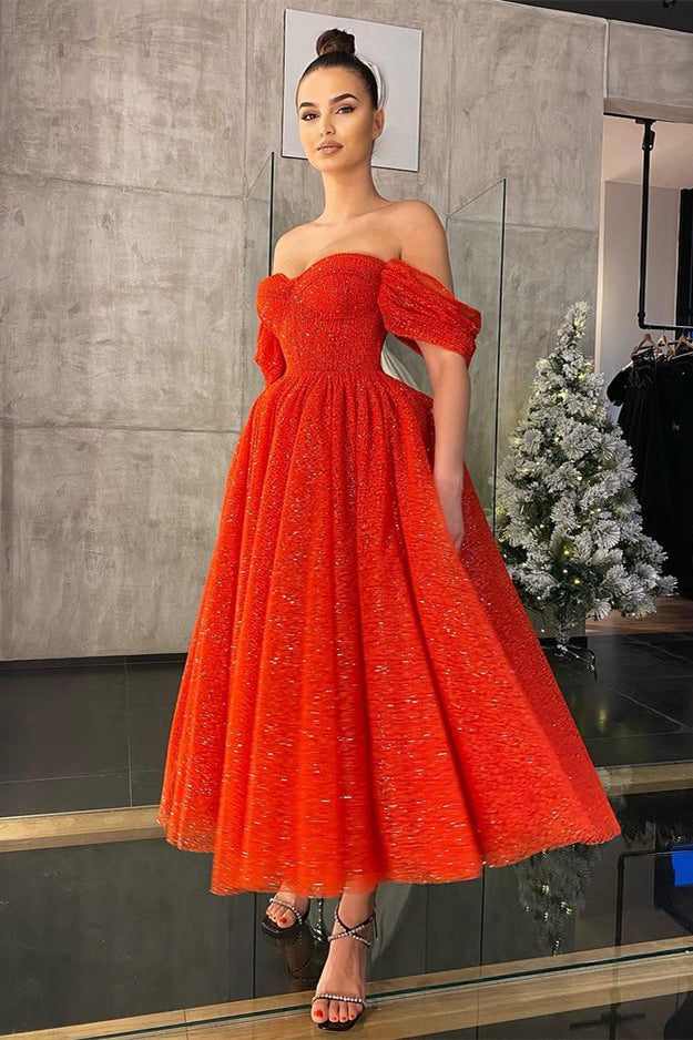 Glamorous Red Off-the-Shoulder Prom Dress With Sequins-BallBride