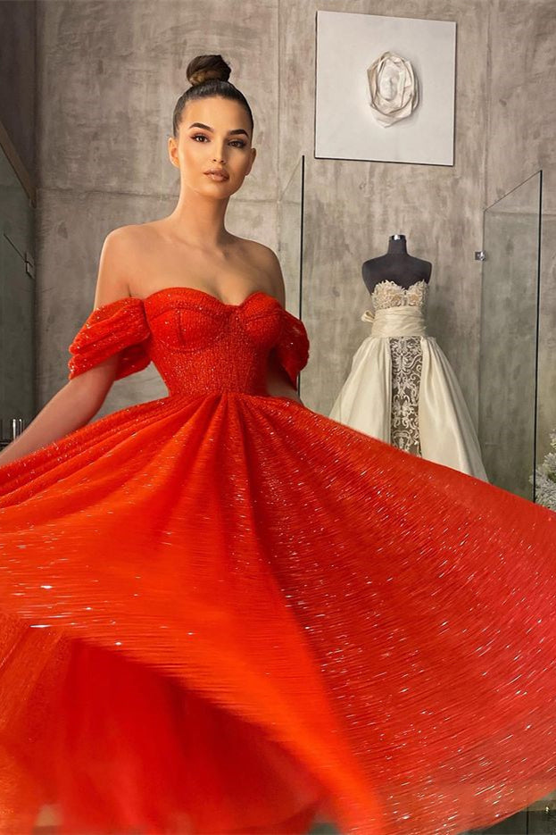 Glamorous Red Off-the-Shoulder Prom Dress With Sequins-BallBride