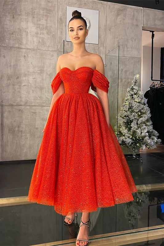Glamorous Red Off-the-Shoulder Prom Dress With Sequins-BallBride