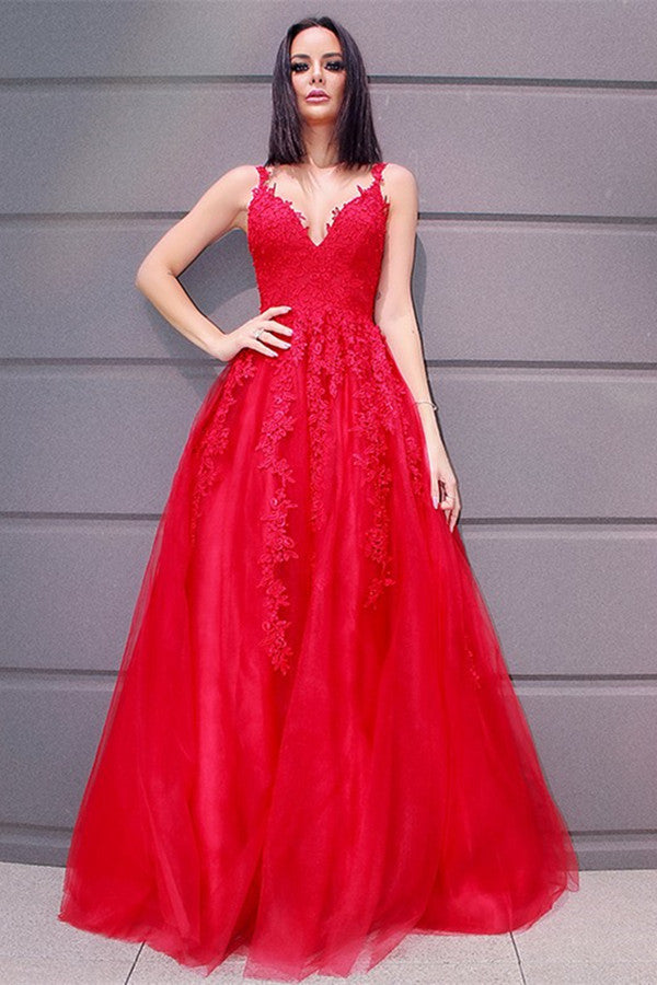 Glamorous Red V-Neck Lace Evening Dress-BallBride