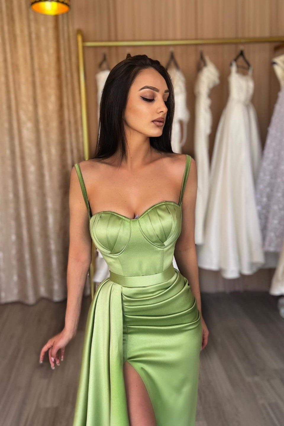 Glamorous Sage Green Spaghetti-Straps Mermaid Evening Dress with Slit and Ruffles-BallBride