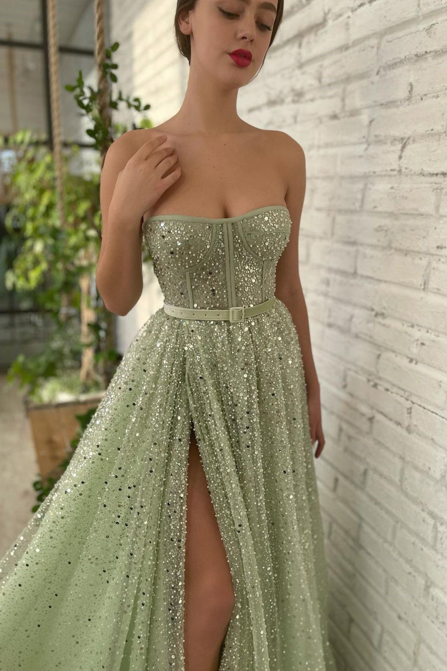 Glamorous Sage Green Strapless Prom Dress with Long Split & Sequins Beads-BallBride