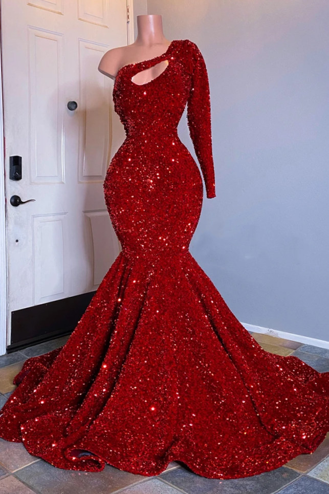 Long Mermaid High Neck Sequins Prom Dress with Sleeves