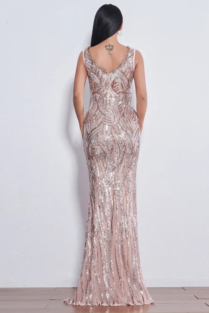 Glamorous Sequins V-Neck Mermaid Evening Party Gowns Long Prom Dress Online-BallBride
