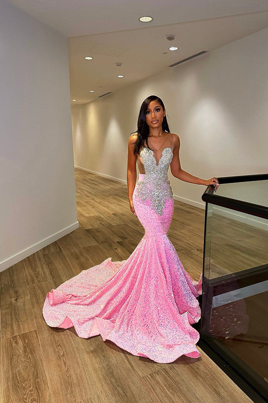 Glamorous Silver and Pink V-Neck Mermaid Prom Dress with Sleeveless Leaky Back-BallBride