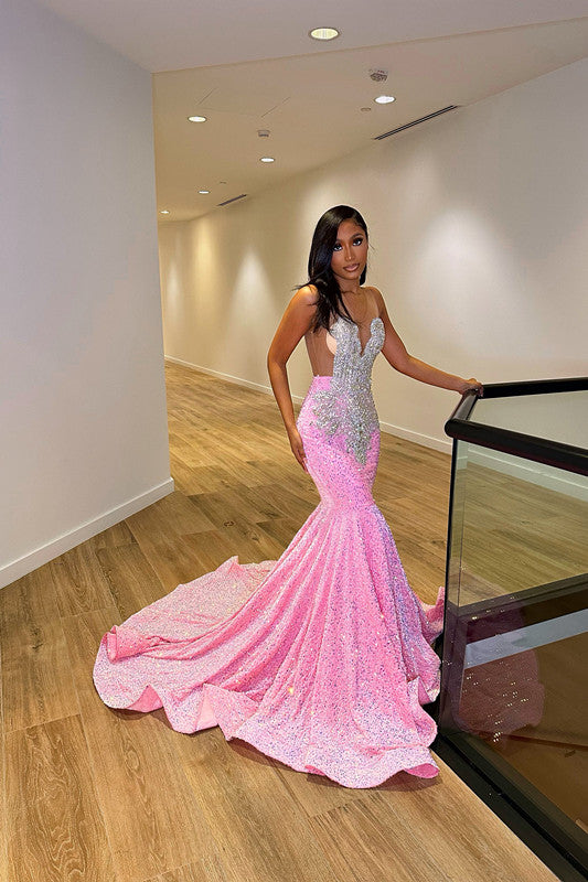 Glamorous Silver and Pink V-Neck Mermaid Prom Dress with Sleeveless Leaky Back-BallBride