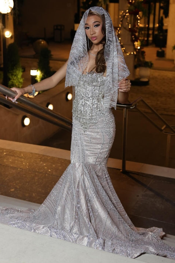 Glamorous Silver Strapless Mermaid Crystal Prom Dress-BallBride