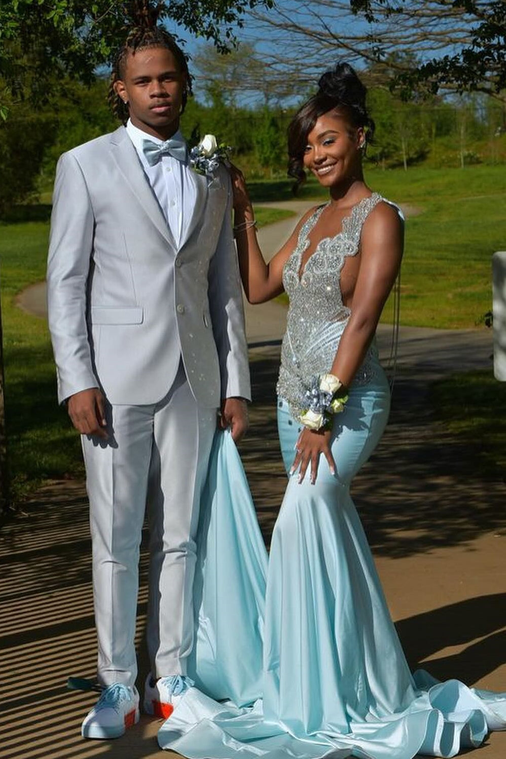 Glamorous Sky Blue Crystal Mermaid Sleeveless V-Neck Prom Dress-BallBride