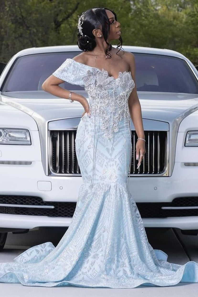 Glamorous Sky Blue One Shoulder Mermaid Lace Up Prom Dress-BallBride