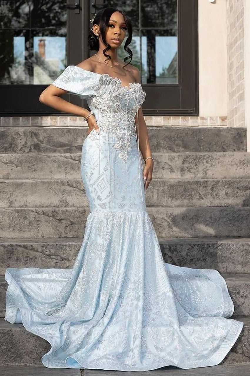 Glamorous Sky Blue One Shoulder Mermaid Lace Up Prom Dress-BallBride