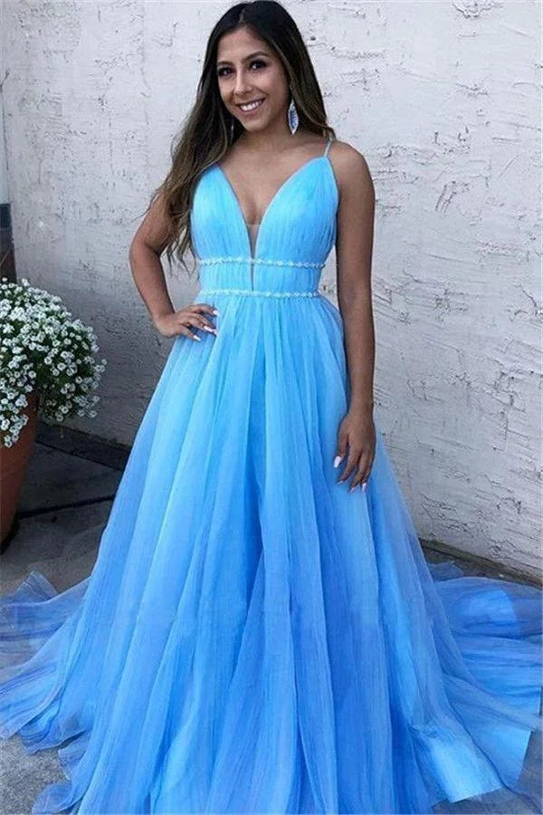 Glamorous Sky Blue Spaghetti-Straps Tulle Long Evening Dress-BallBride