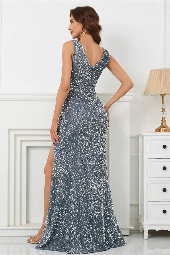 Glamorous Sliver V-Neck Mermaid Sleeveless Prom Dress With Split Sequins-BallBride