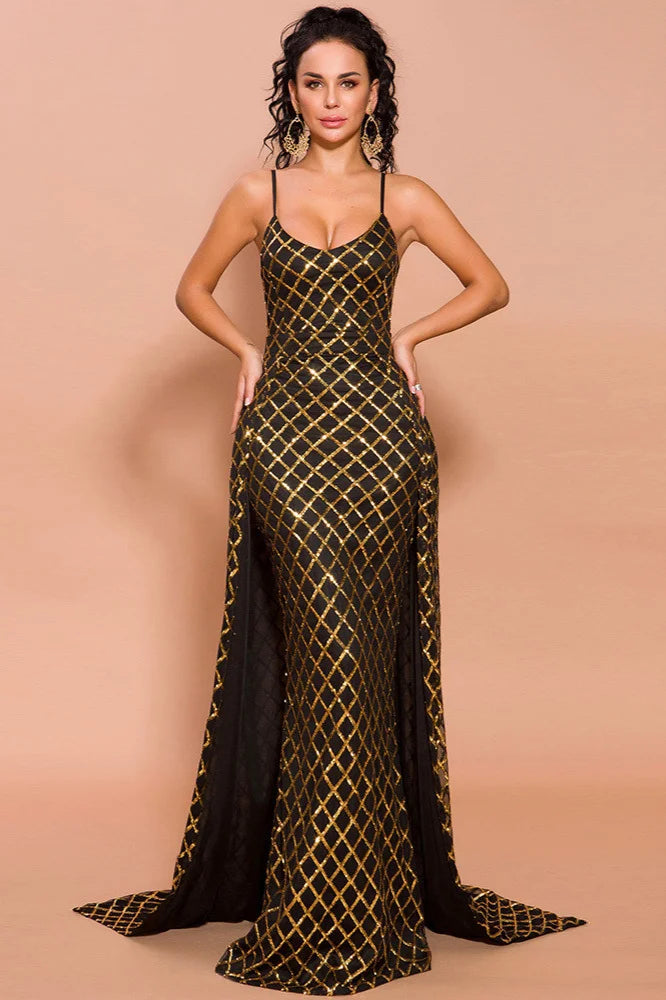 Glamorous Spaghetti-Straps Gold Prom Dress Long Evening Gowns With Overskirt-BallBride