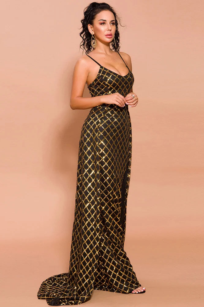 Glamorous Spaghetti-Straps Gold Prom Dress Long Evening Gowns With Overskirt-BallBride