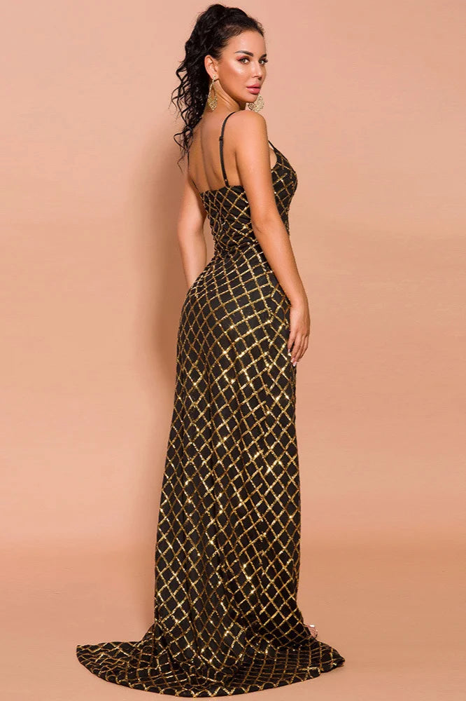 Glamorous Spaghetti-Straps Gold Prom Dress Long Evening Gowns With Overskirt-BallBride