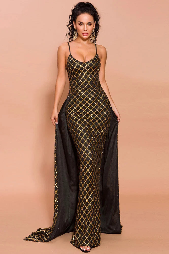 Glamorous Spaghetti-Straps Gold Prom Dress Long Evening Gowns With Overskirt-BallBride